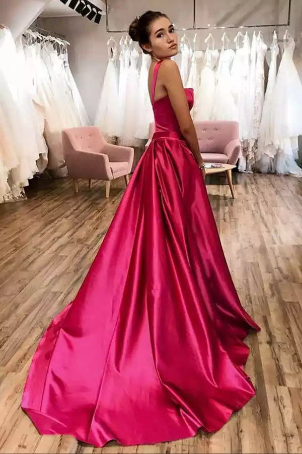 Vibrant Hot Pink Satin Ball Gown with Square Neck & Cathedral Train