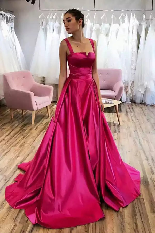 Vibrant Hot Pink Satin Ball Gown with Square Neck & Cathedral Train