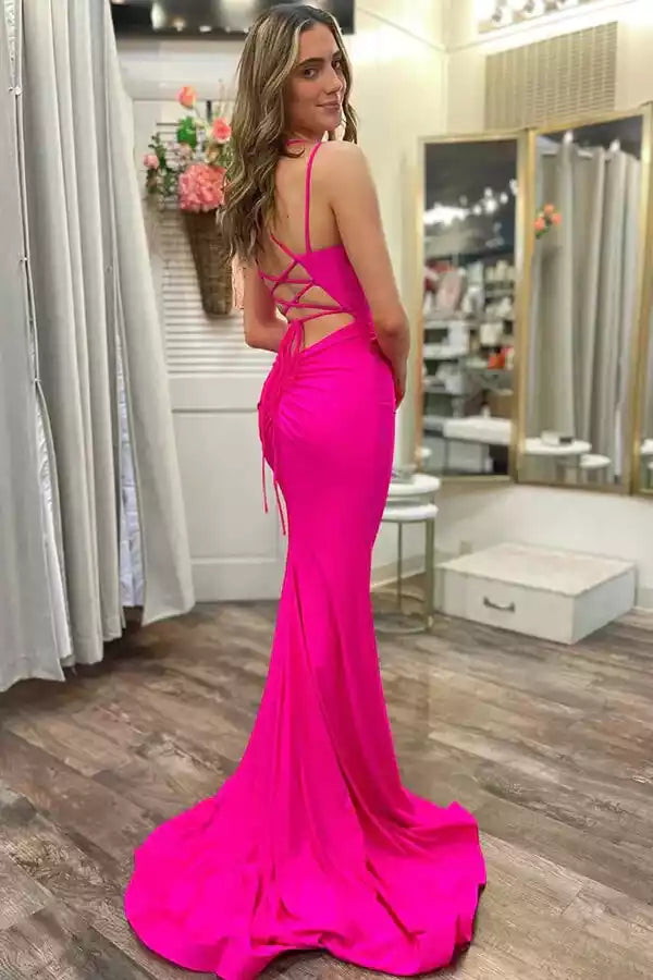 Vibrant Hot Pink Satin Mermaid Gown with Square Neck & Lace-Up Back