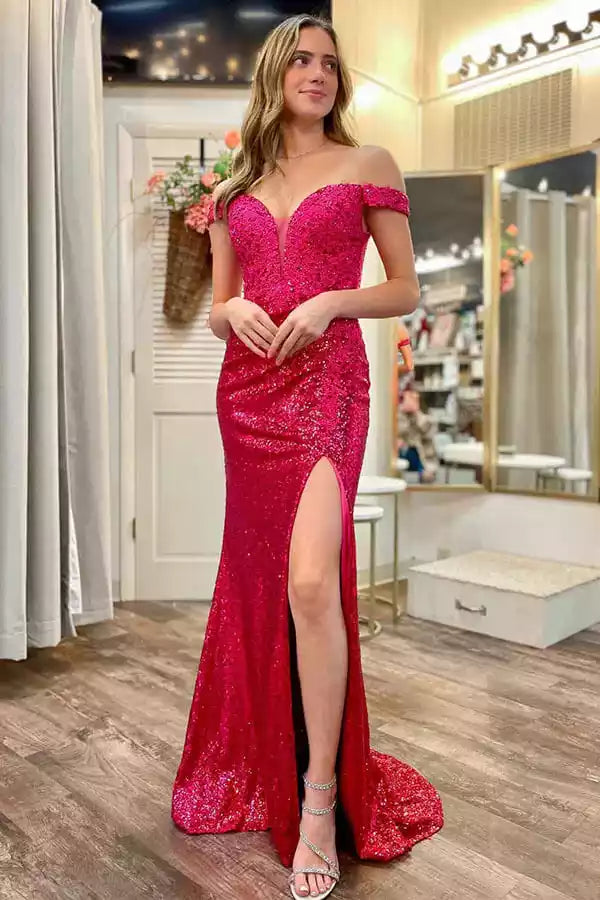 Vibrant Hot Pink Sequin Mermaid Gown with Off-the-Shoulder Neck & Cutout Back