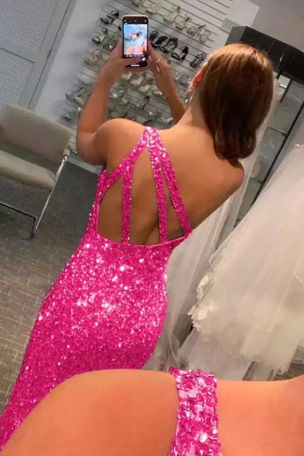 Vibrant Hot Pink Sequin Mermaid Gown with One-Shoulder Neck & Cutout Back