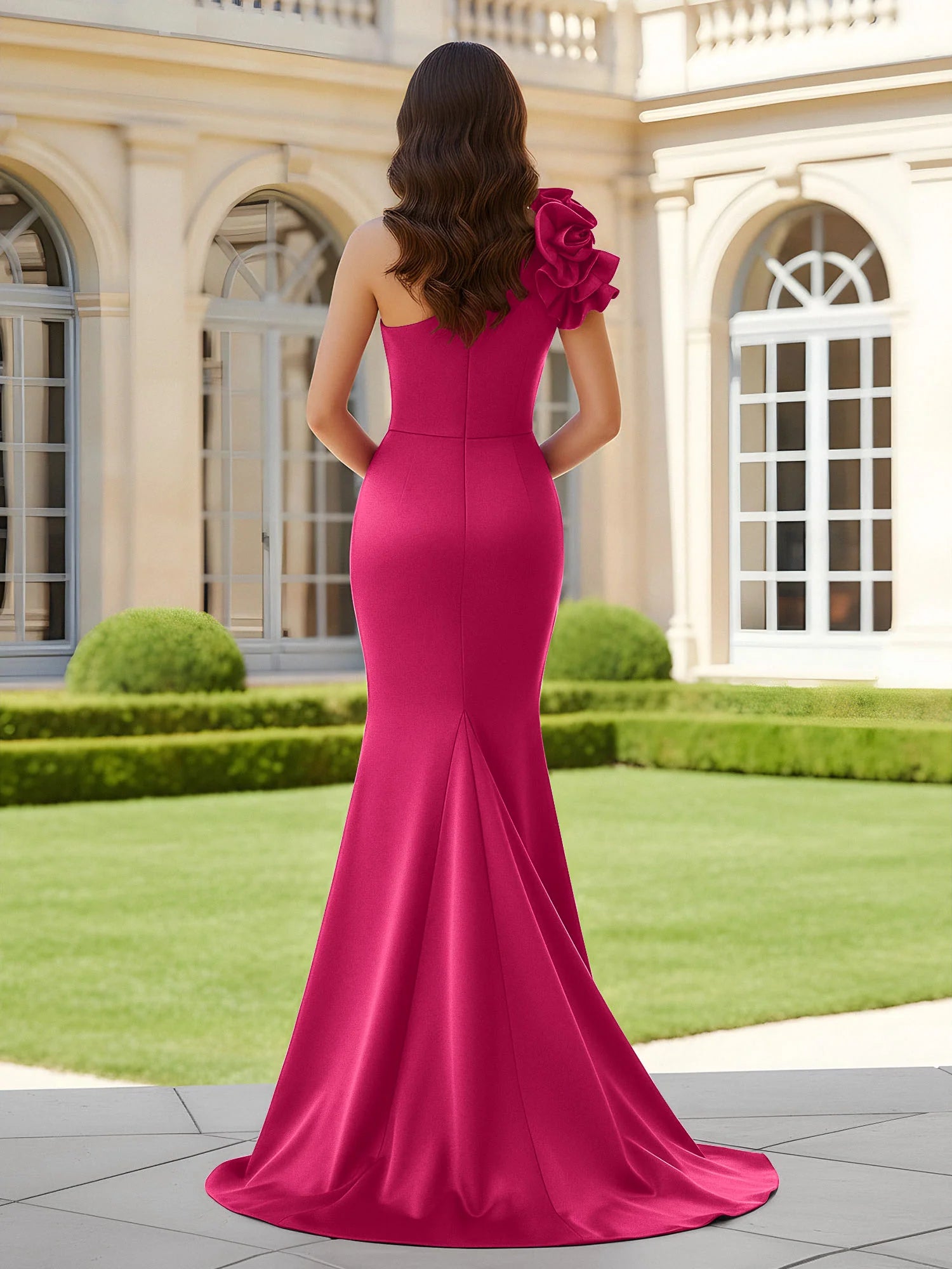 Vibrant Mermaid One-Shoulder Floral Applique Sleeveless Backless Floor-Length Satin Evening Dress