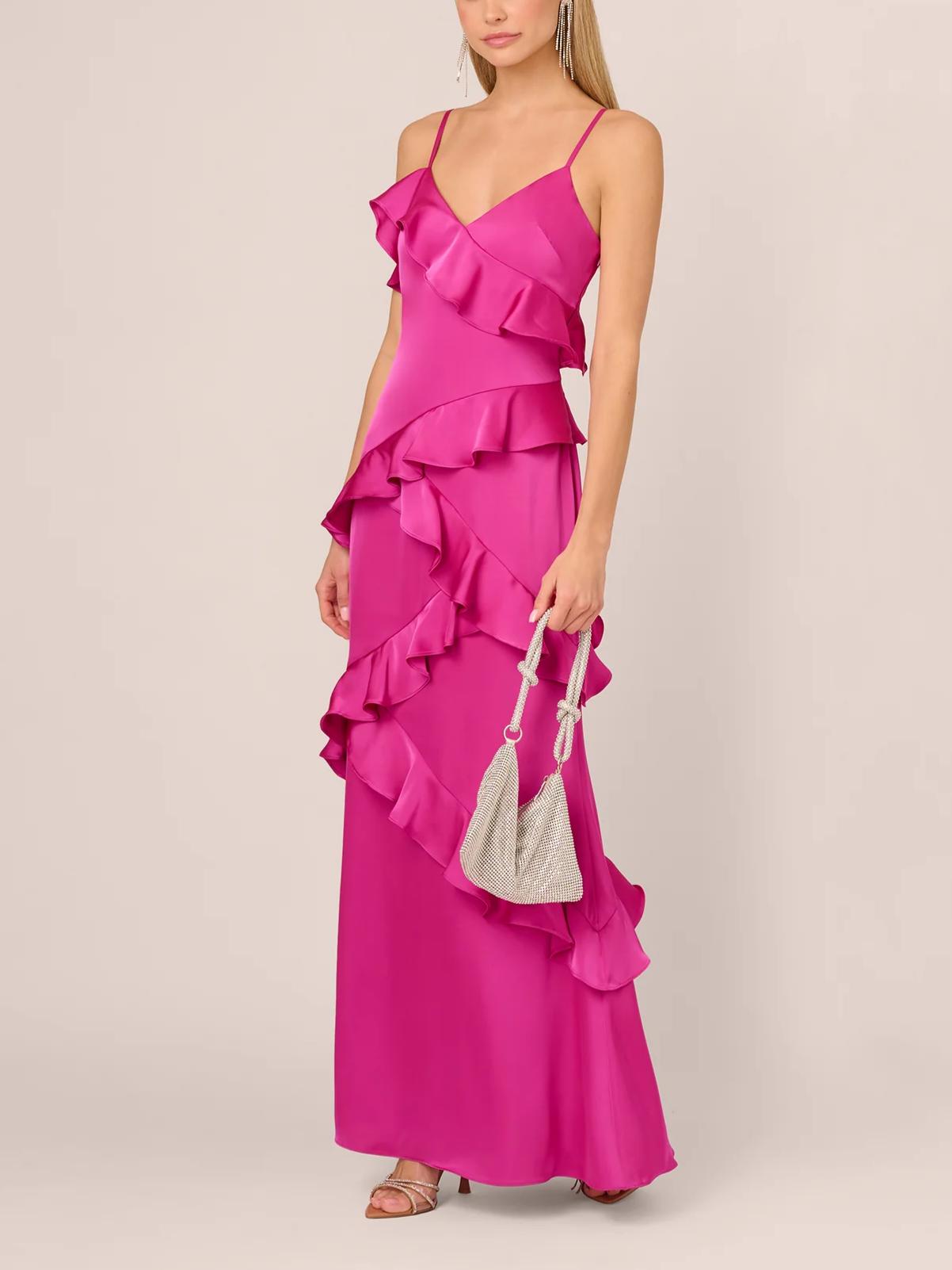 Vibrant Mermaid V-Neck Spaghetti-Strap Open-Back Floor-Length Ruffled Evening Dress