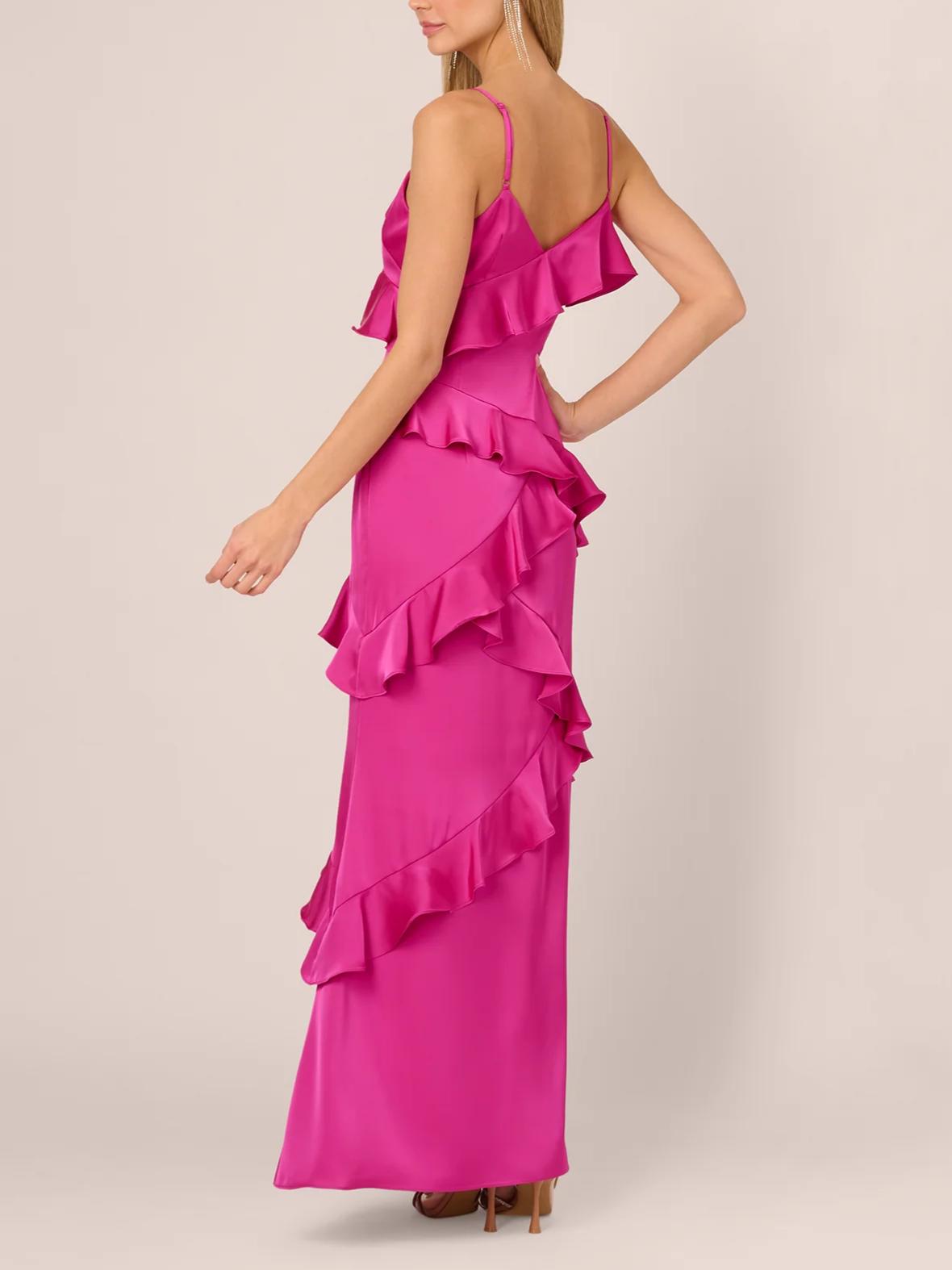 Vibrant Mermaid V-Neck Spaghetti-Strap Open-Back Floor-Length Ruffled Evening Dress