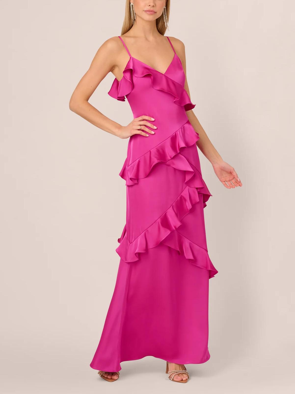 Vibrant Mermaid V-Neck Spaghetti-Strap Open-Back Floor-Length Ruffled Evening Dress