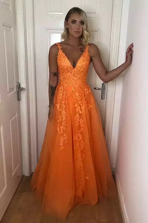Vibrant Orange Lace & Tulle A-Line Gown with Plunge V-Neck & Open Back