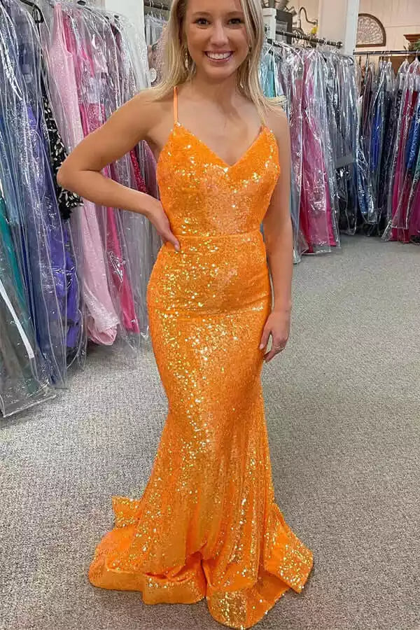 Vibrant Orange Sequin Mermaid Gown with Plunge V-Neck & Criss-Cross Back