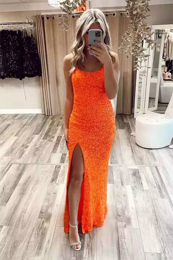 Vibrant Orange Sequin Mermaid Gown with Square Neck & Lace-Up Back