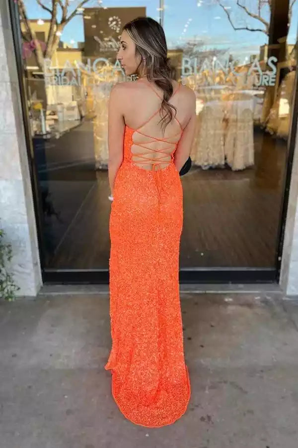 Vibrant Orange Sequin Mermaid Gown with Square Neck & Lace-Up Back
