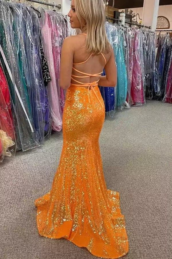 Vibrant Orange Sequin Mermaid Gown with Sweetheart Neck & Lace-Up Back