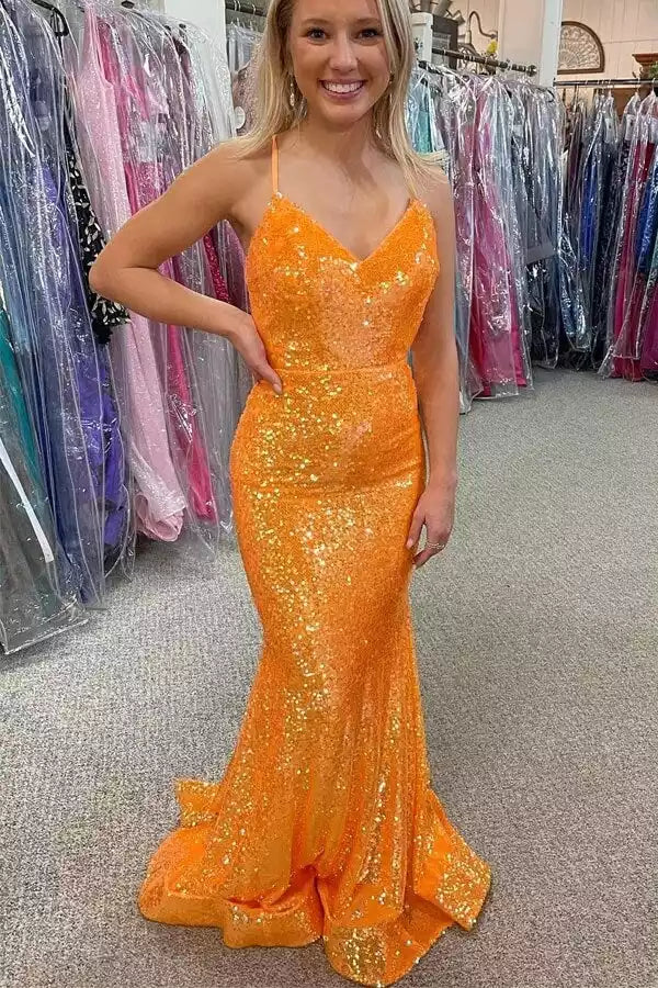 Vibrant Orange Sequin Mermaid Gown with Sweetheart Neck & Lace-Up Back
