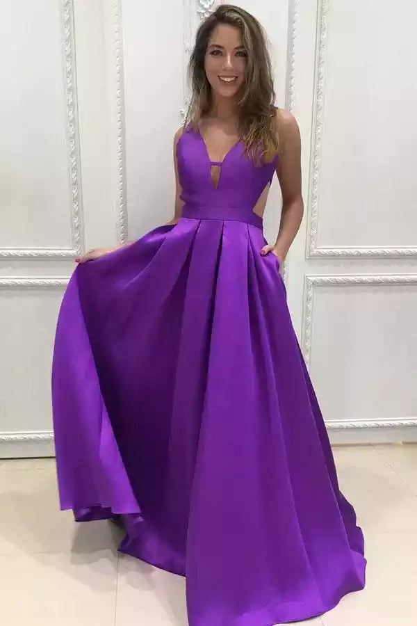 Vibrant Purple Satin A-Line Gown with V-Neck & Open Back