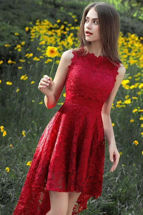 Vibrant Red Lace A-line Scalloped High Neck Sleeveless Zipper Back High Low Homecoming Dresses