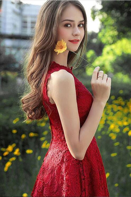 Vibrant Red Lace A-line Scalloped High Neck Sleeveless Zipper Back High Low Homecoming Dresses