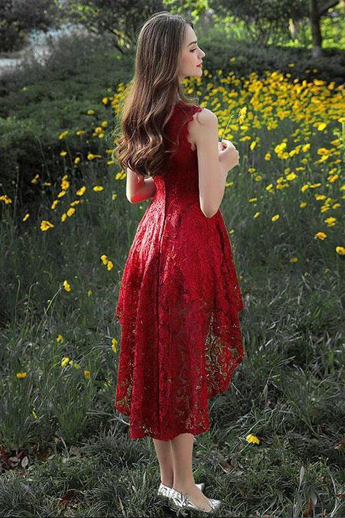 Vibrant Red Lace A-line Scalloped High Neck Sleeveless Zipper Back High Low Homecoming Dresses