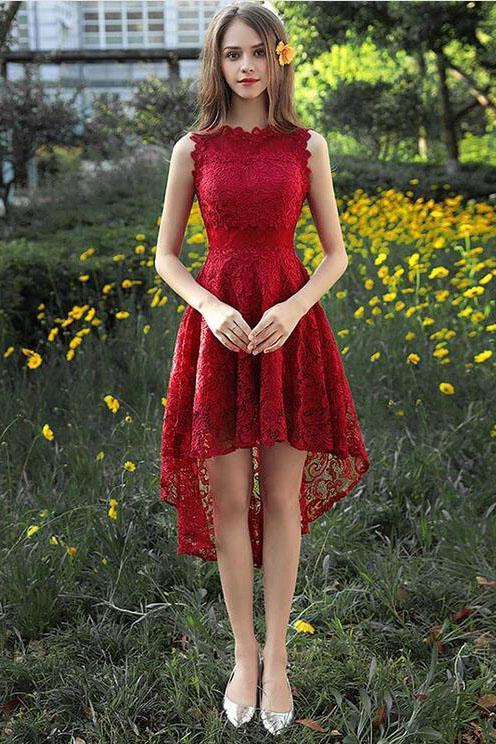 Vibrant Red Lace A-line Scalloped High Neck Sleeveless Zipper Back High Low Homecoming Dresses
