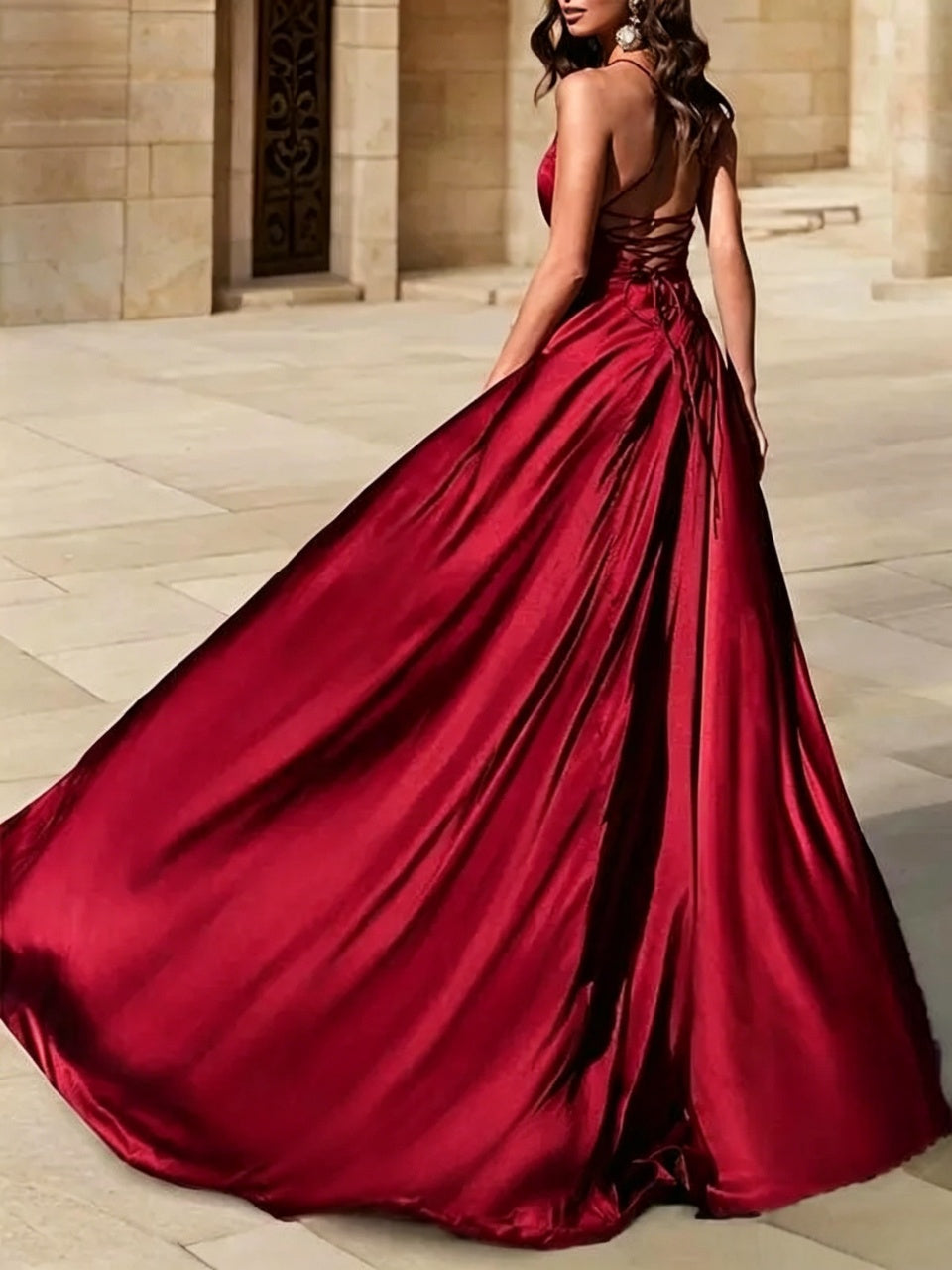 Vibrant Red Satin A-Line Deep V-Neck Lace-Up Back High Slit Floor Length Evening Dress