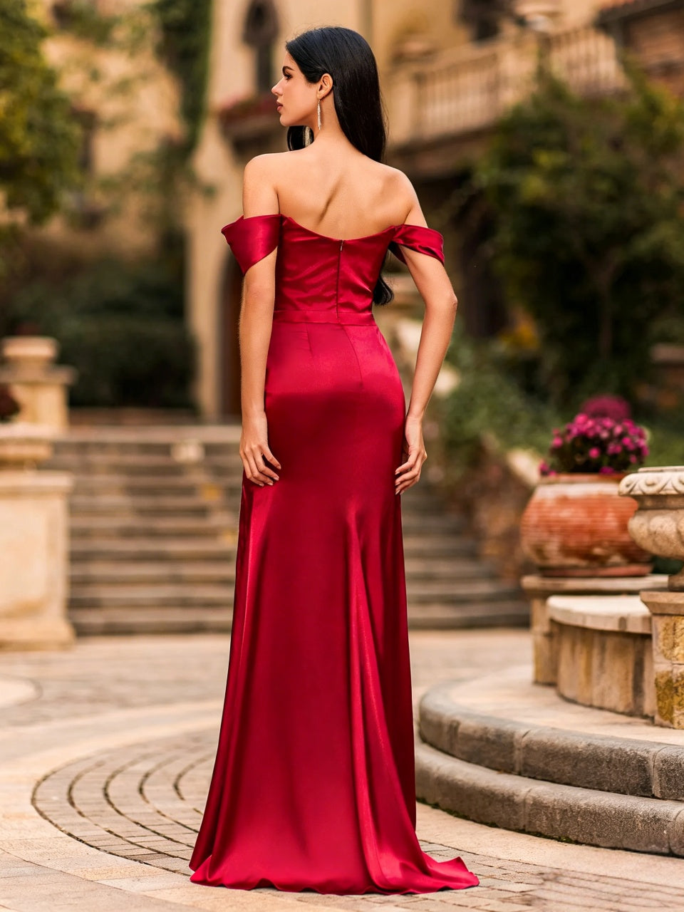 Vibrant Red Satin Mermaid Off-the-Shoulder Slit Floor Length Evening Dress