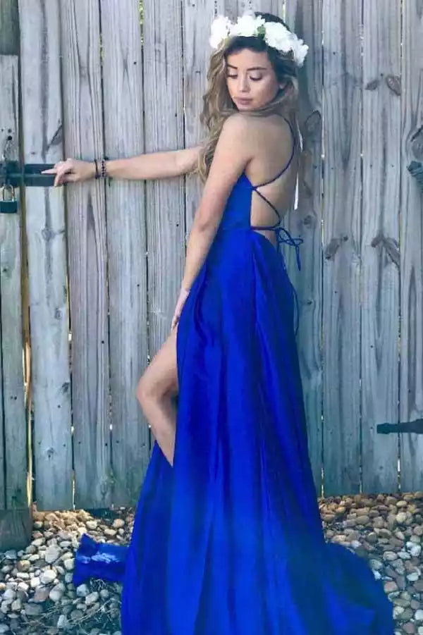 Vibrant Royal Blue Satin A-Line Gown with Square Neck & Criss-Cross Back
