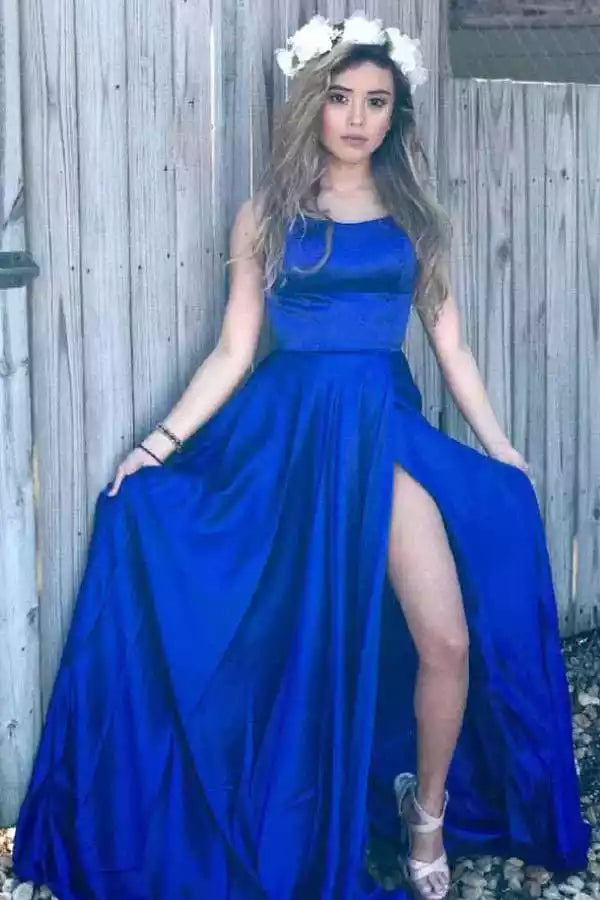 Vibrant Royal Blue Satin A-Line Gown with Square Neck & Criss-Cross Back