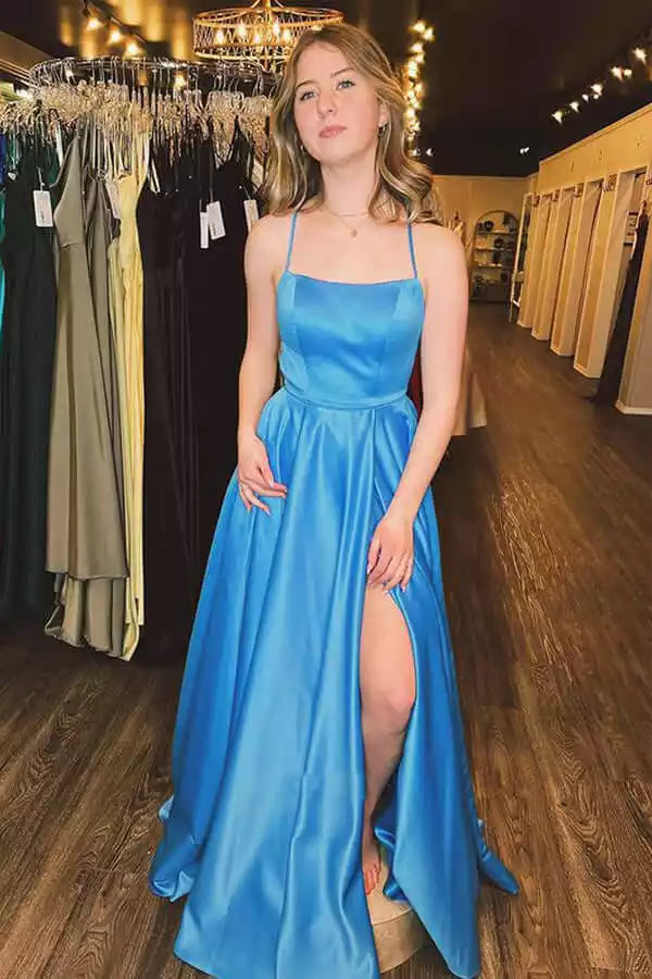 Vibrant Sky Blue Satin A-Line Gown with Square Neck & Lace-Up Back