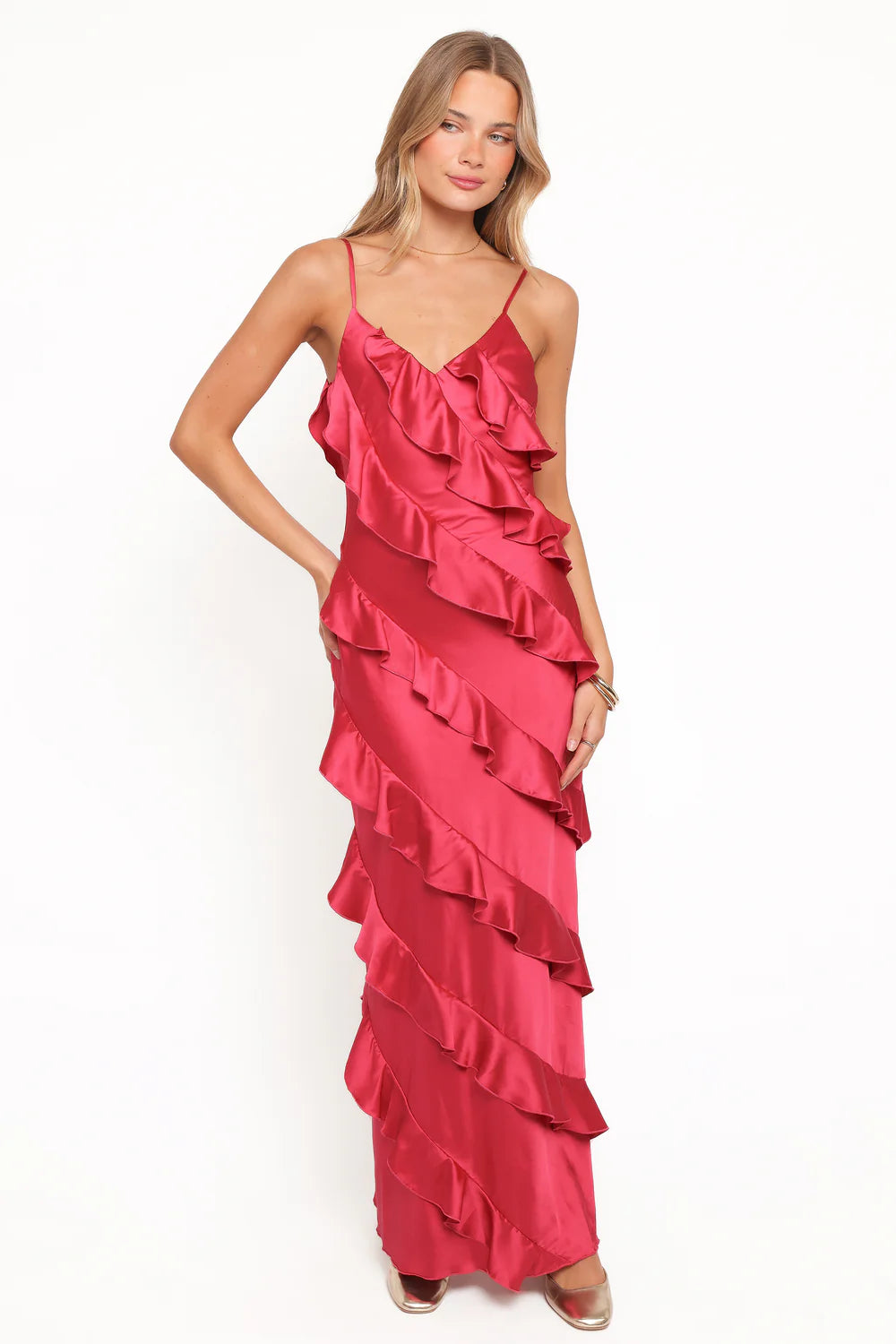 Vibrant Spaghetti-Strap Diagonal-Ruffle Slit Floor-Length Evening Dress