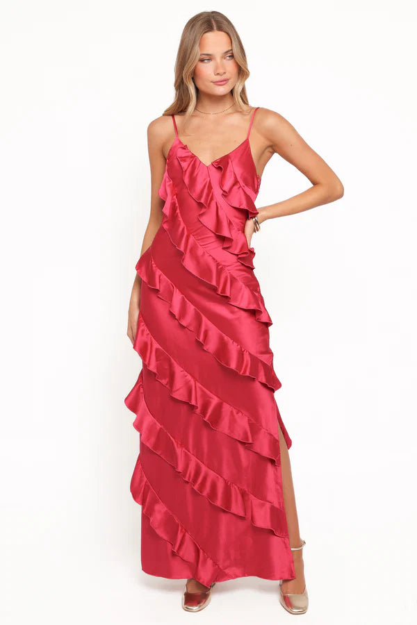 Vibrant Spaghetti-Strap Diagonal-Ruffle Slit Floor-Length Evening Dress