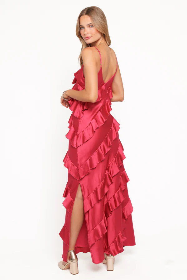 Vibrant Spaghetti-Strap Diagonal-Ruffle Slit Floor-Length Evening Dress