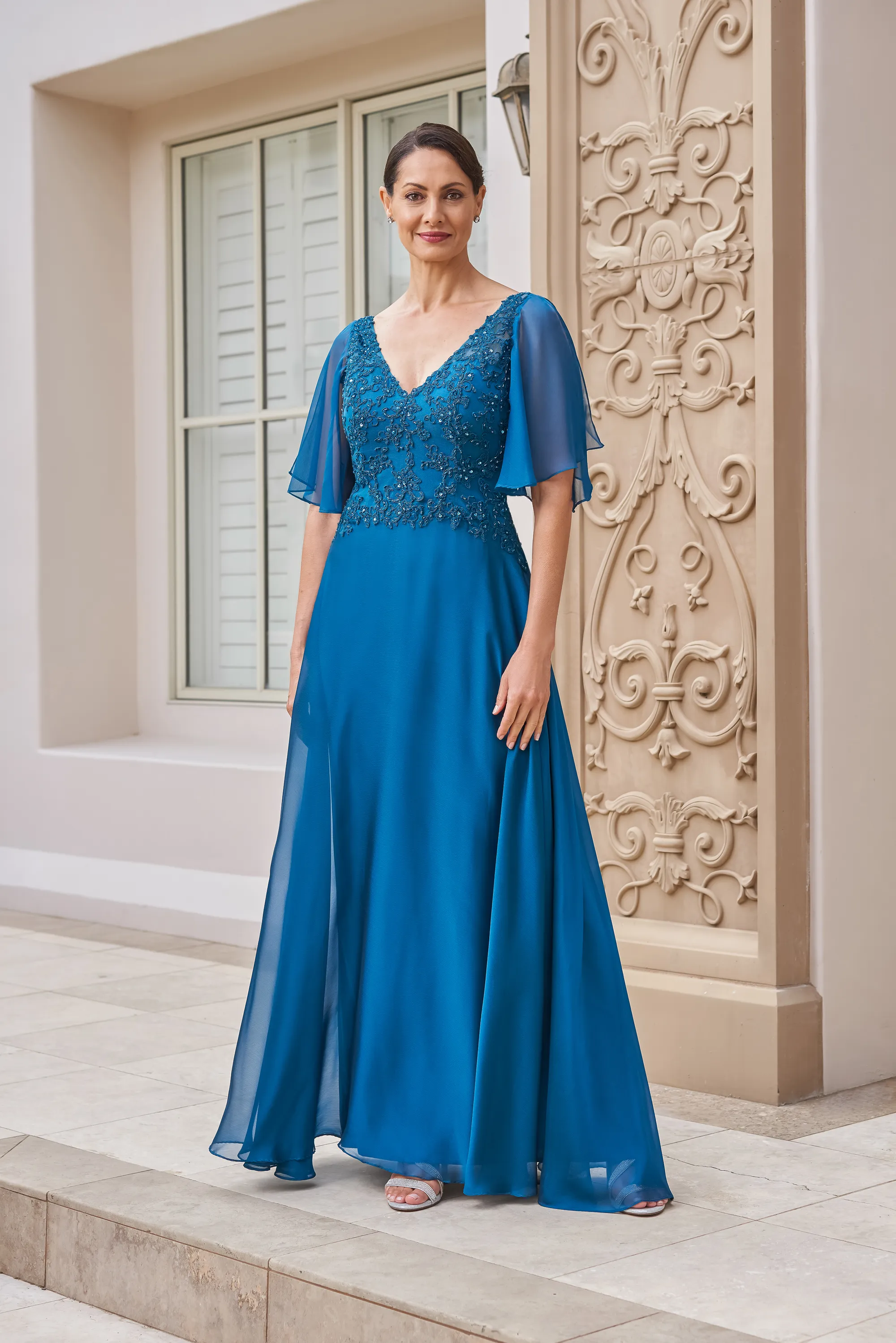 Vibrant Teal Chiffon V-Neck Floral Beaded Lace Flutter Sleeve A-Line Mother of the Bride Dress