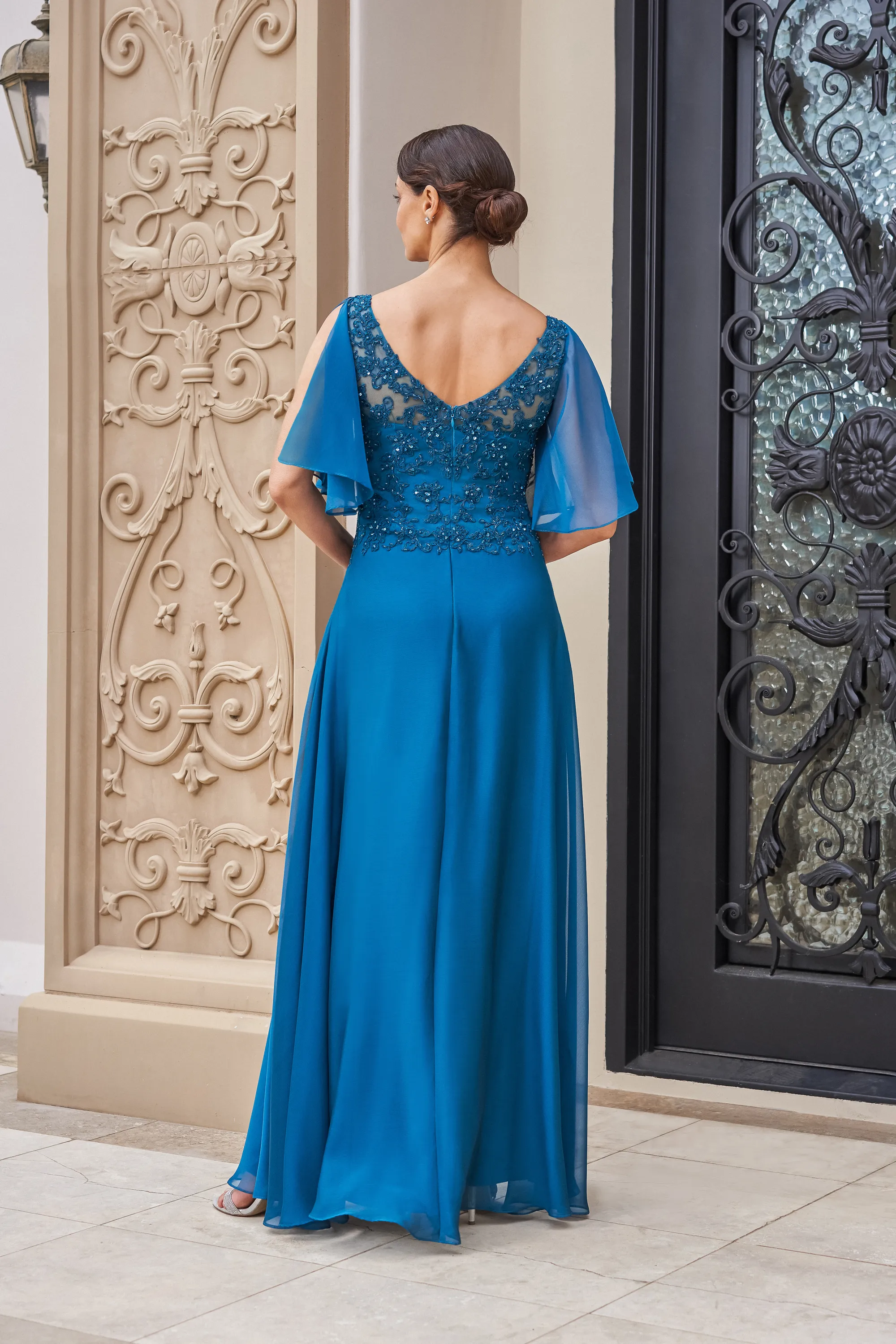 Vibrant Teal Chiffon V-Neck Floral Beaded Lace Flutter Sleeve A-Line Mother of the Bride Dress