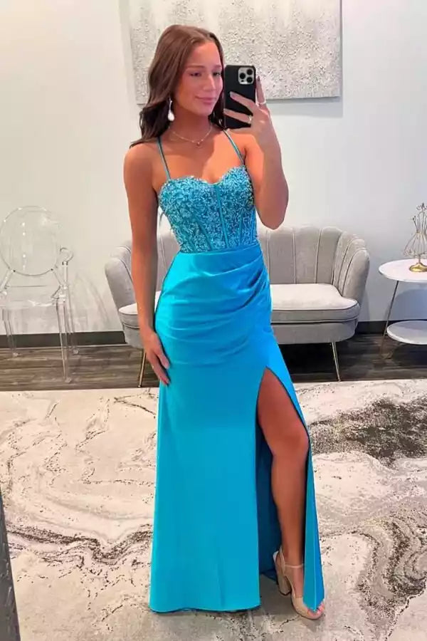 Vibrant Turquoise Satin Mermaid Gown with Lace Bodice & Lace-Up Back