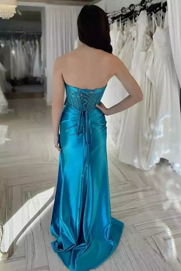 Vibrant Turquoise Satin Mermaid Gown with Strapless Corset Bodice & High Slit