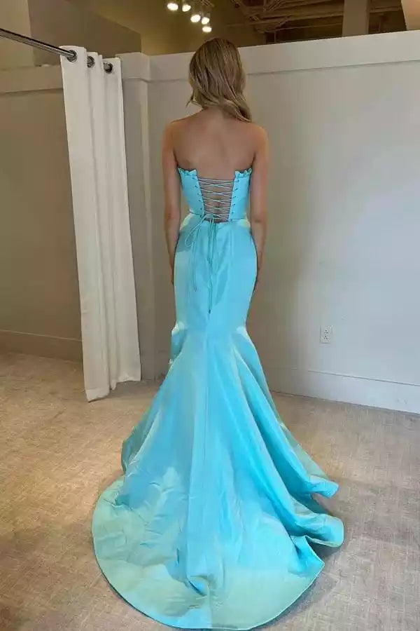 Vibrant Turquoise Satin Mermaid Gown with Strapless Neckline & Lace-Up Back