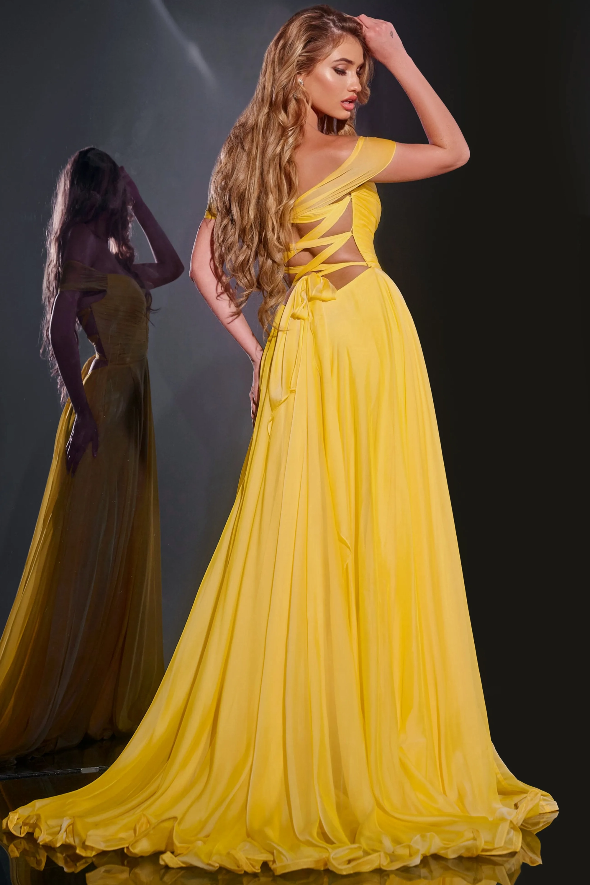 Vibrant Yellow Off-the-Shoulder A-Line Evening Dress with Corset Back and Slit