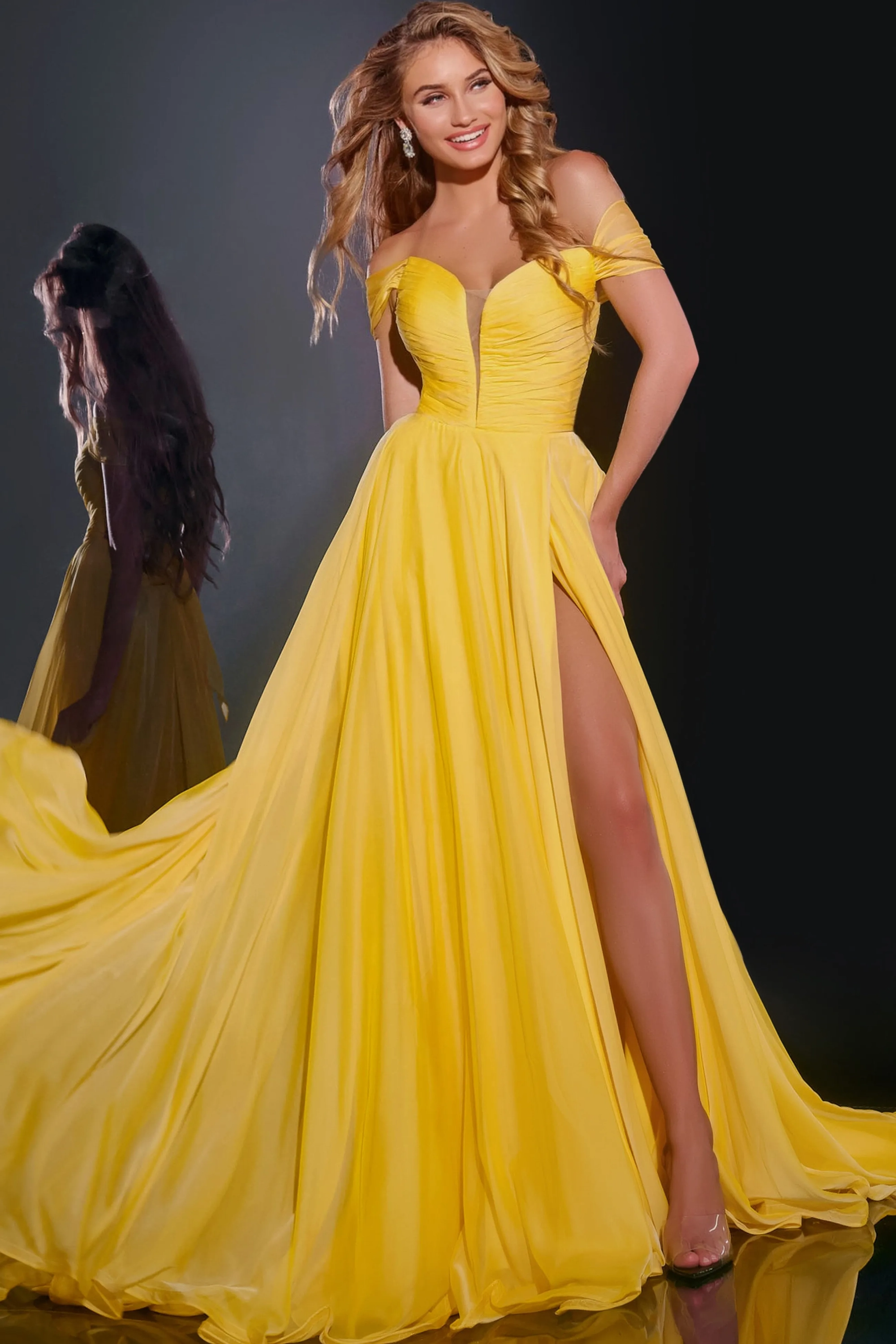 Vibrant Yellow Off-the-Shoulder A-Line Evening Dress with Corset Back and Slit