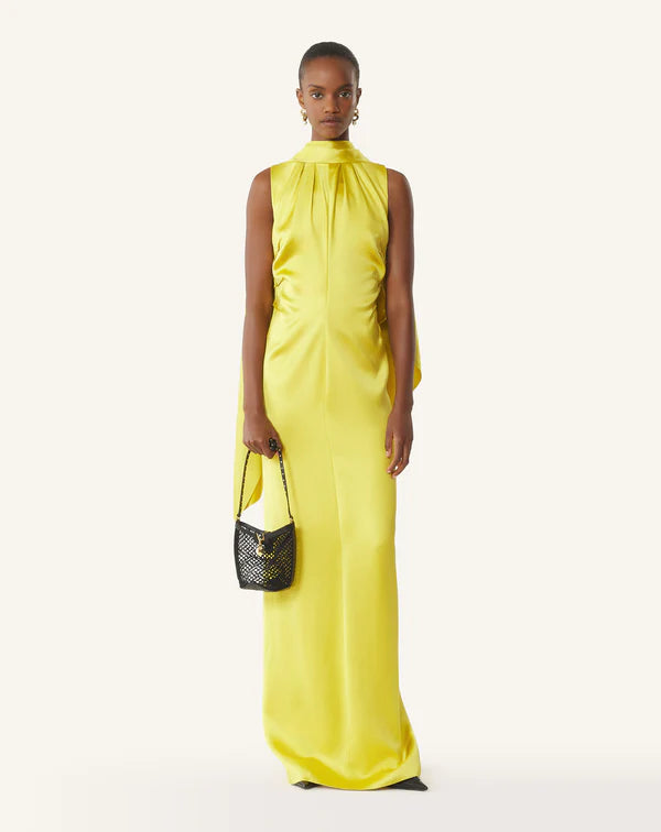 Vibrant Yellow Satin Sheath Halter Neck Sleeveless Open Back Floor Length Evening Dress
