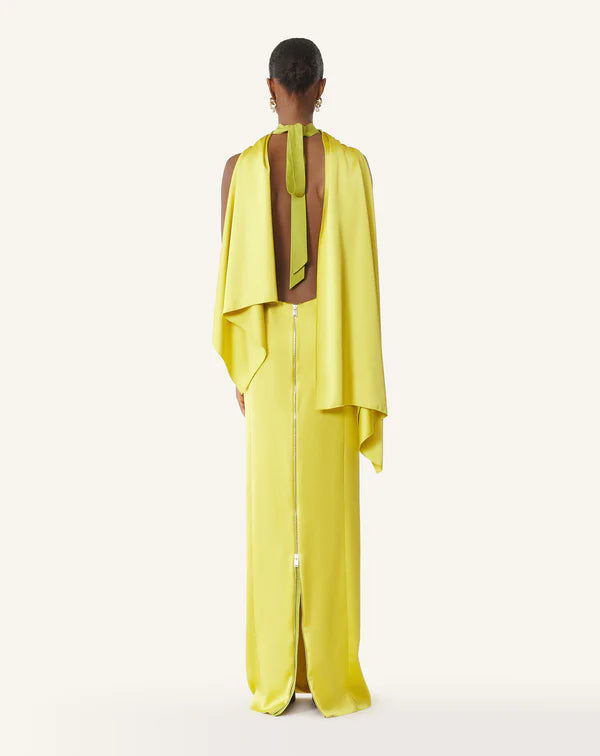 Vibrant Yellow Satin Sheath Halter Neck Sleeveless Open Back Floor Length Evening Dress