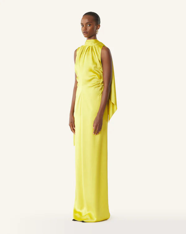 Vibrant Yellow Satin Sheath Halter Neck Sleeveless Open Back Floor Length Evening Dress