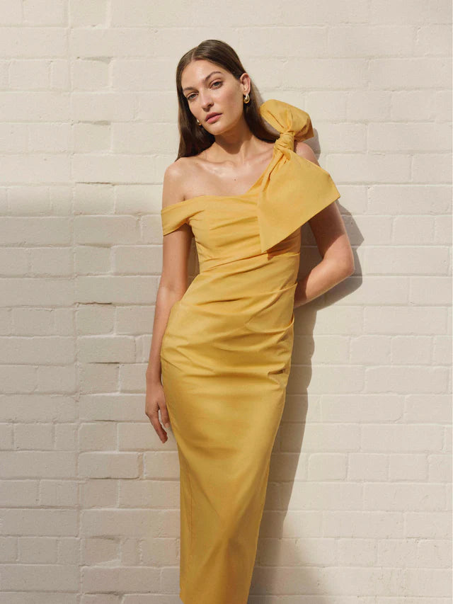 Vibrant Yellow Sheath Asymmetrical Off Shoulder Bow Back Zip Midi Evening Dress