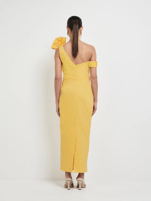 Vibrant Yellow Sheath Asymmetrical Off Shoulder Bow Back Zip Midi Evening Dress