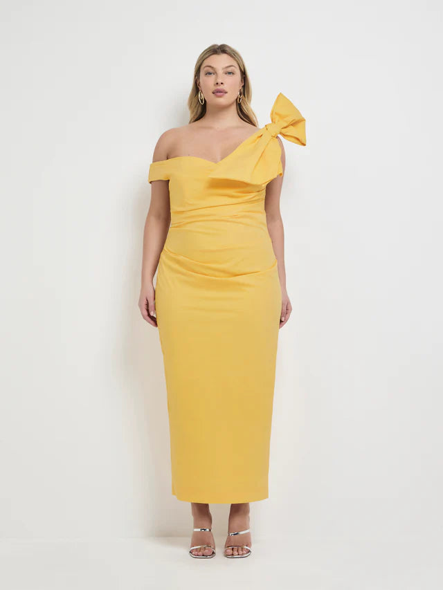 Vibrant Yellow Sheath Asymmetrical Off Shoulder Bow Back Zip Midi Evening Dress