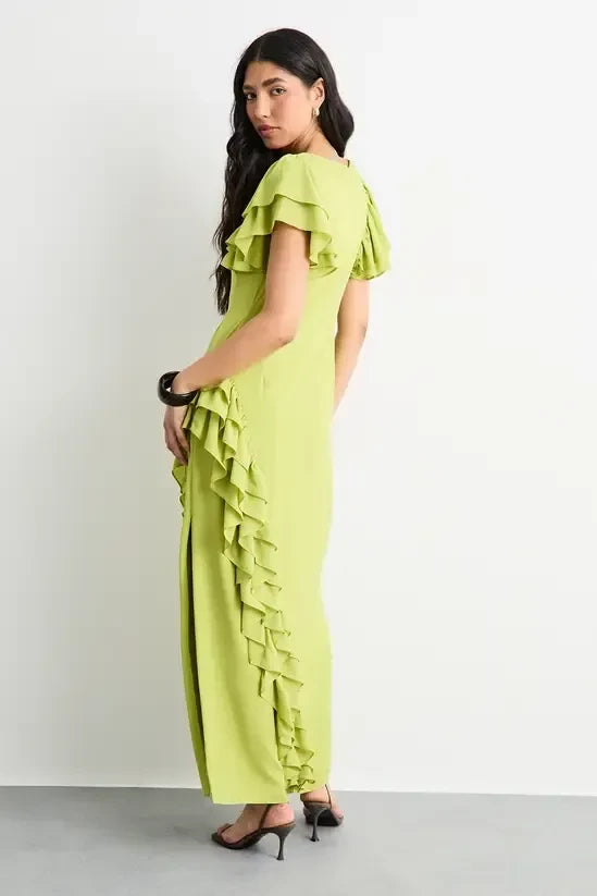 Vibrant Chiffon Sheath Boat Neck Flutter Sleeve Closed Back Floor-Length Evening Dresses