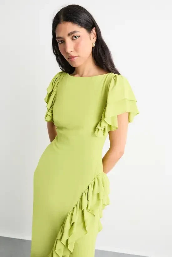 Vibrant Chiffon Sheath Boat Neck Flutter Sleeve Closed Back Floor-Length Evening Dresses