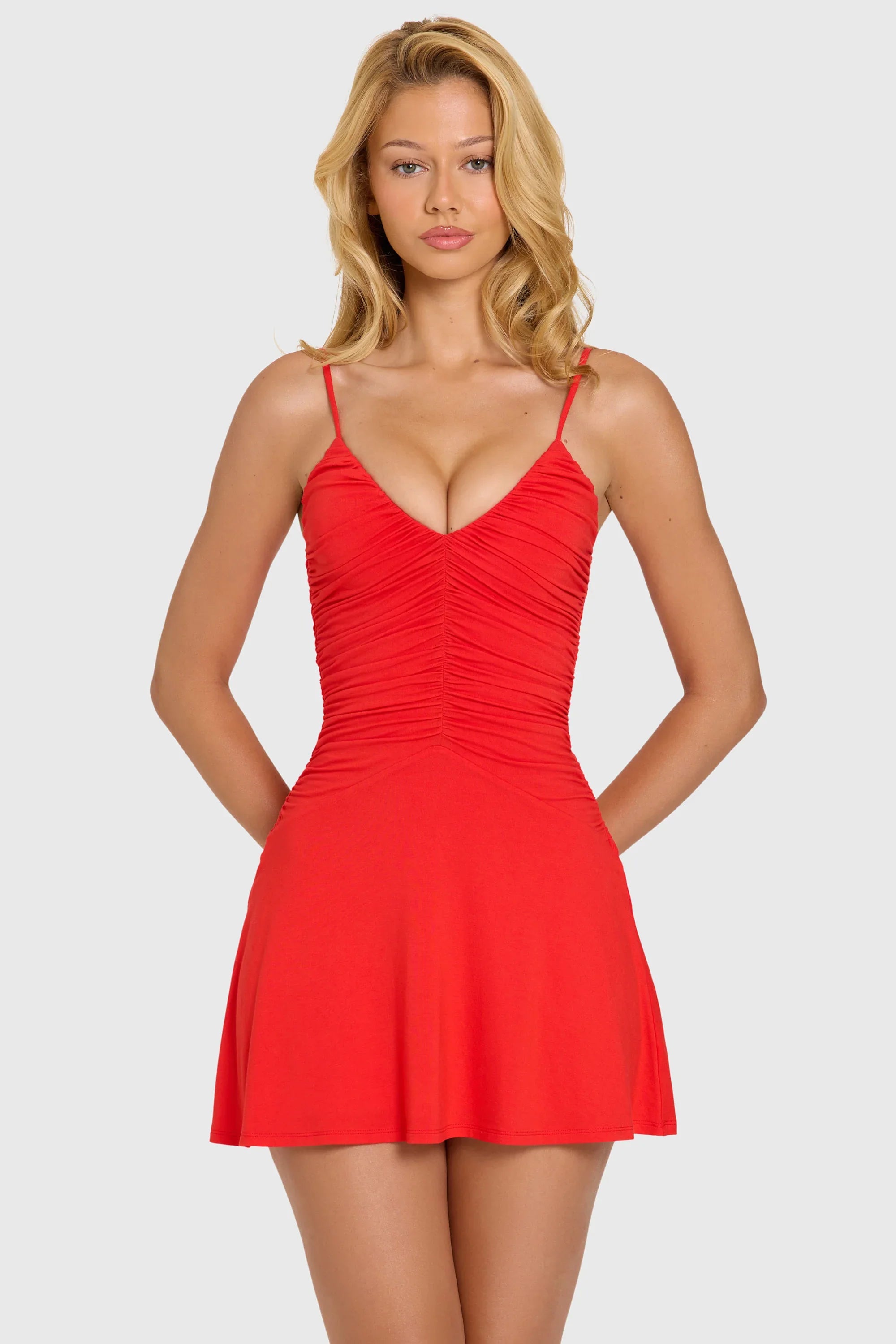 Vibrant Satin A-Line Deep V-Neck Spaghetti Strap Ruched Open Back Mini Homecoming Dresses