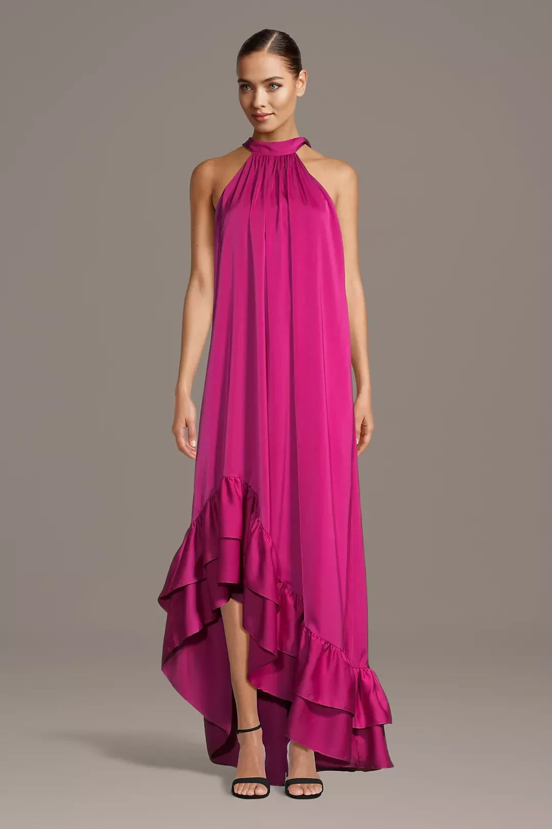Vibrant Satin A-Line Halter Neck Sleeveless Tie Back Asymmetrical Hem Prom Dresses