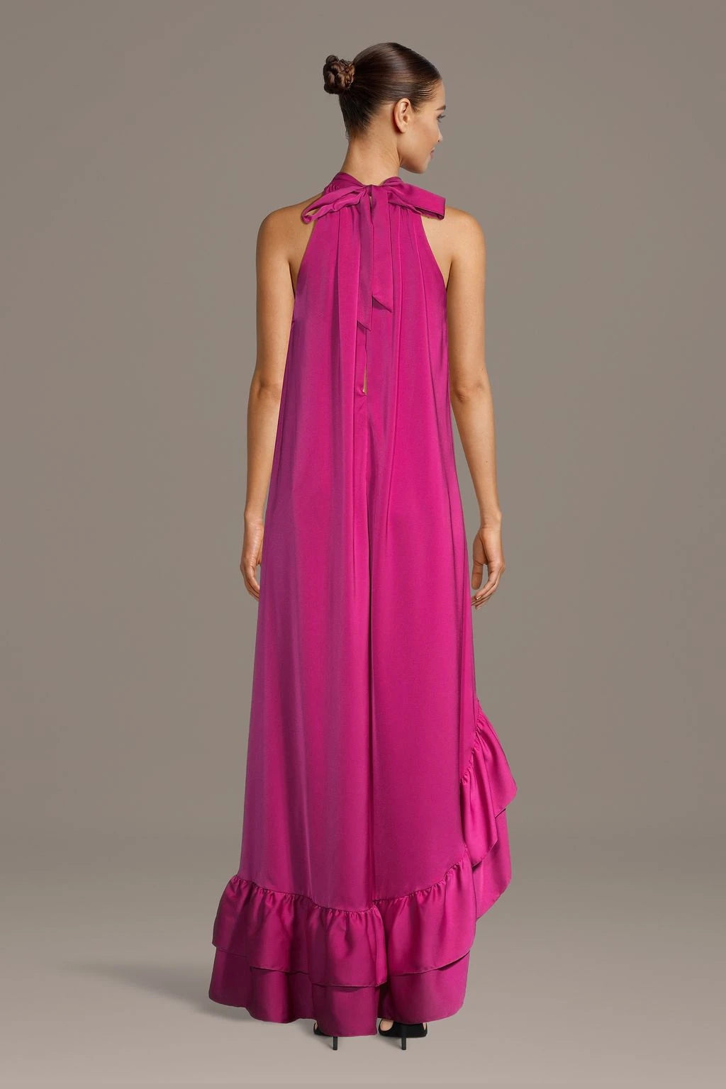 Vibrant Satin A-Line Halter Neck Sleeveless Tie Back Asymmetrical Hem Prom Dresses