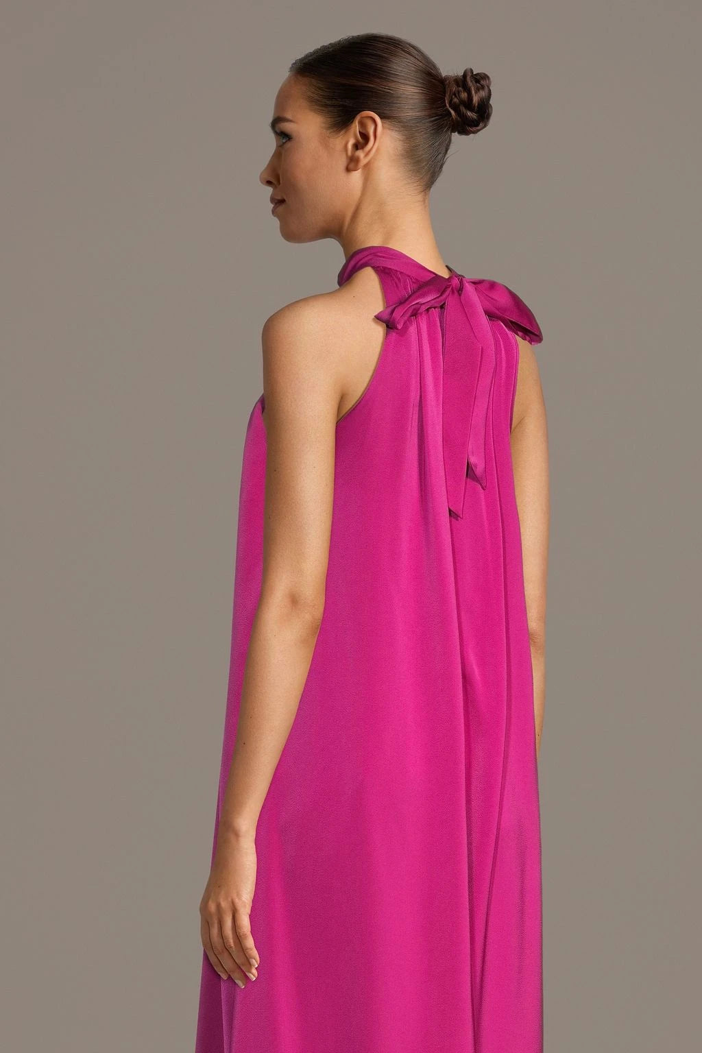 Vibrant Satin A-Line Halter Neck Sleeveless Tie Back Asymmetrical Hem Prom Dresses