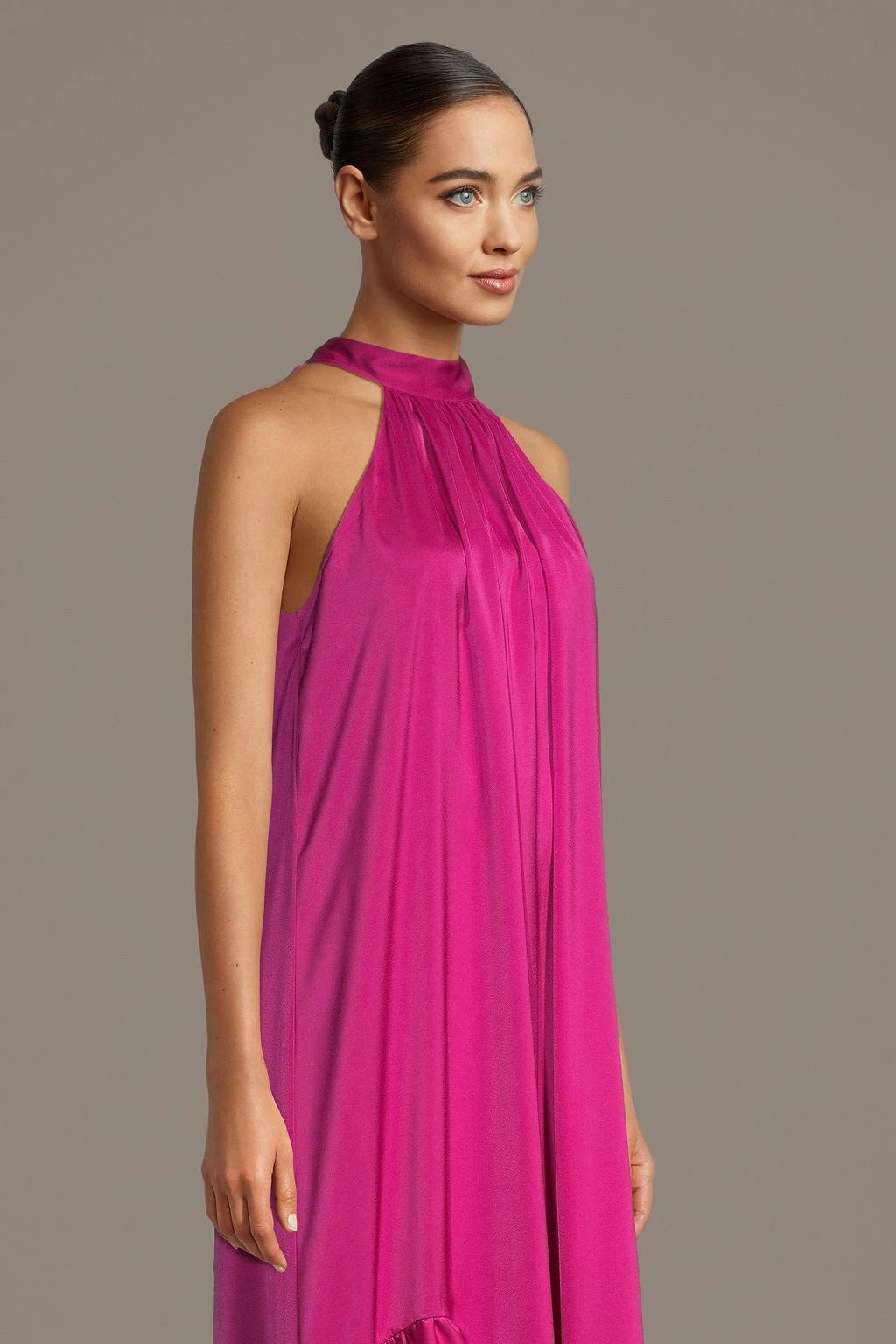 Vibrant Satin A-Line Halter Neck Sleeveless Tie Back Asymmetrical Hem Prom Dresses
