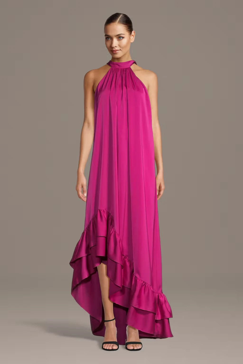 Vibrant Satin A-Line Halter Neck Sleeveless Tie Back Asymmetrical Hem Prom Dresses
