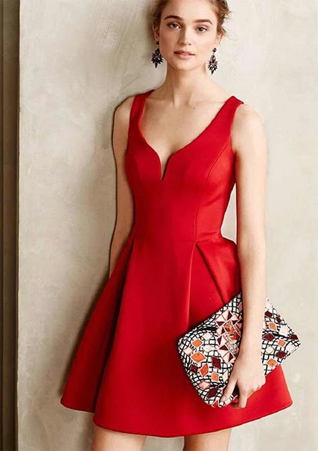 Vibrant Satin A-Line Plunge V-Neck Sleeveless Low V-Back Short Homecoming Dresses